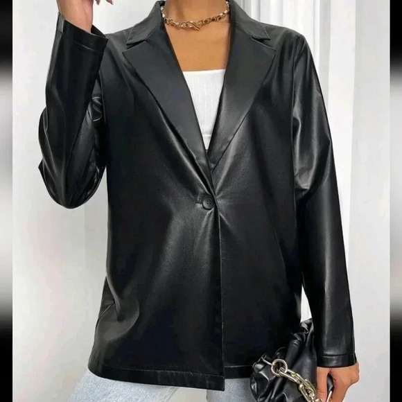 Lapel Collar Single Button PU Leather Blazer - Picture 3 of 6